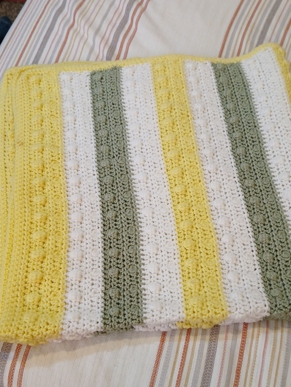 Handmade Crochet Striped Unisex Baby Blanket Yellow White Green